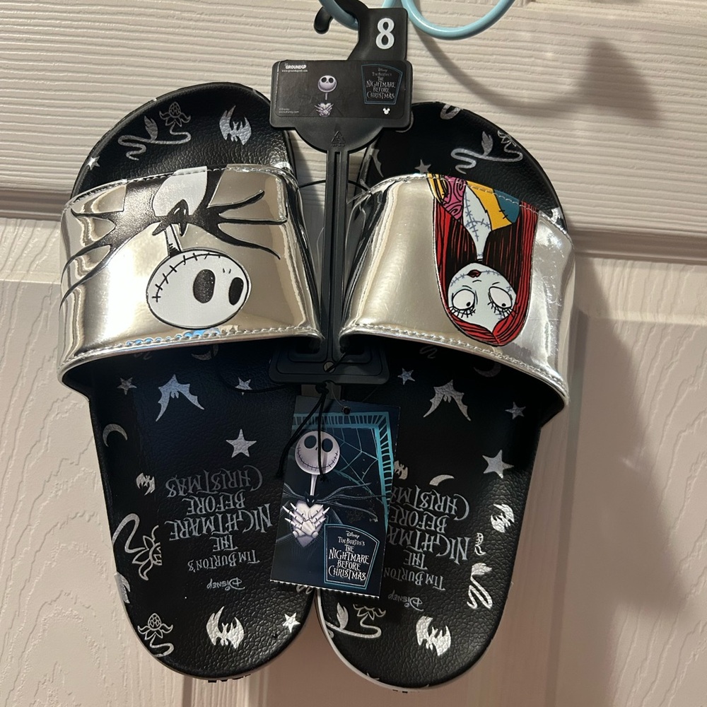 Disney Size 8 Black & Silver Women’s Nightmare Before Christmas Slides Sandals